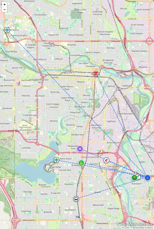 Daily accessibility map for 84 RIVERCREST CR SE, Calgary showing nearby schools, grocery stores, parks, LRT stations and nearby amenities