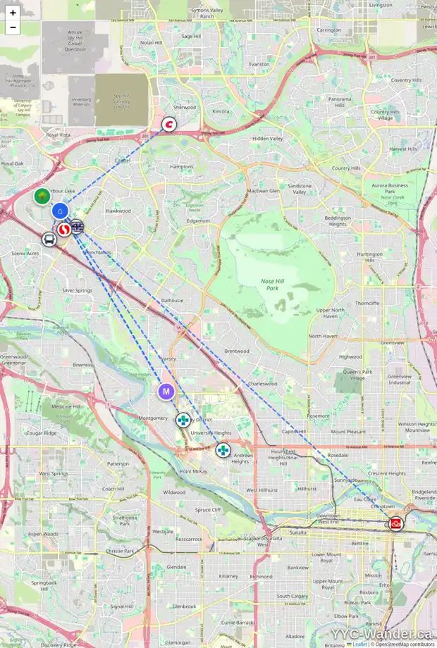 Daily accessibility map for 44 ARBOUR WOOD PL NW, Calgary showing nearby schools, grocery stores, parks, LRT stations and nearby amenities