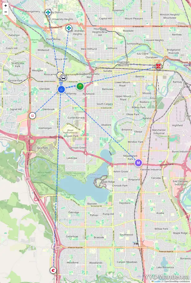 Daily accessibility map for 2219 35 ST SW, Calgary showing nearby schools, grocery stores, parks, LRT stations and nearby amenities