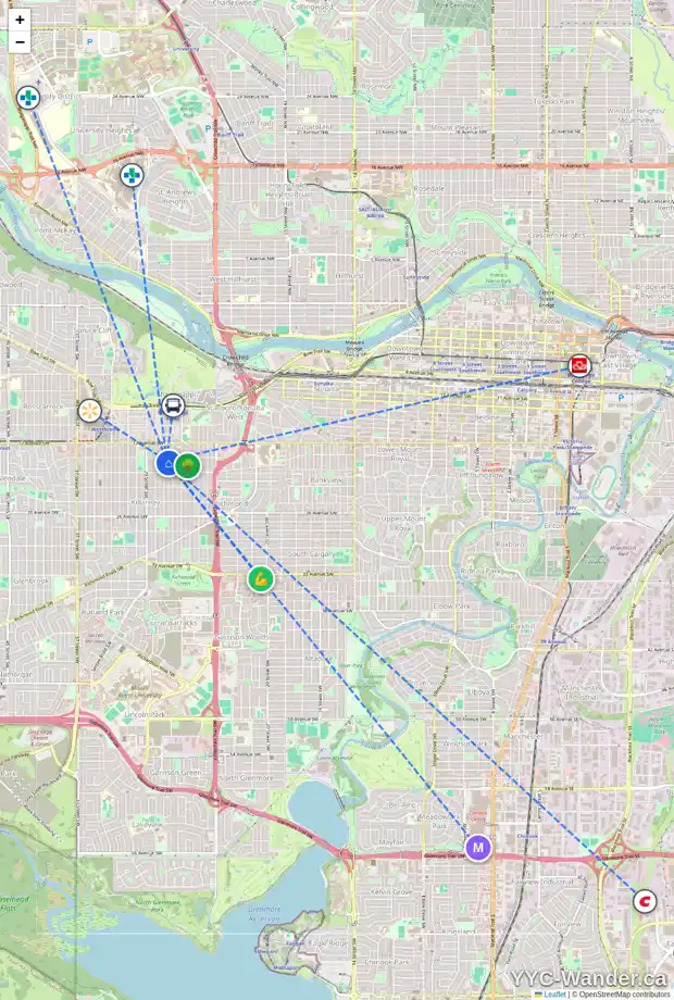 Daily accessibility map for 2006 27 ST SW, Calgary showing nearby schools, grocery stores, parks, LRT stations and nearby amenities