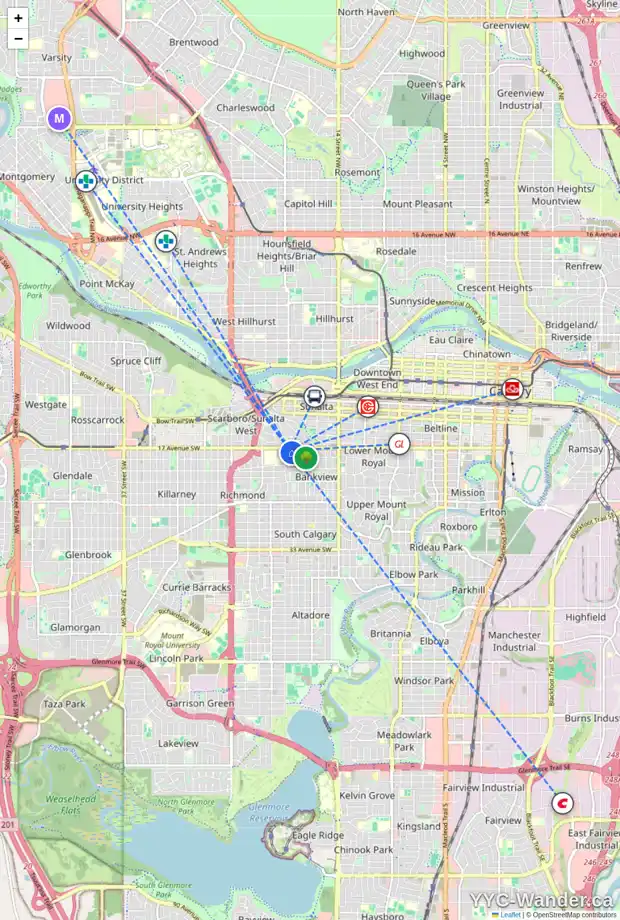 Daily accessibility map for 402 1919 17 AV SW, Calgary showing nearby schools, grocery stores, parks, LRT stations and nearby amenities