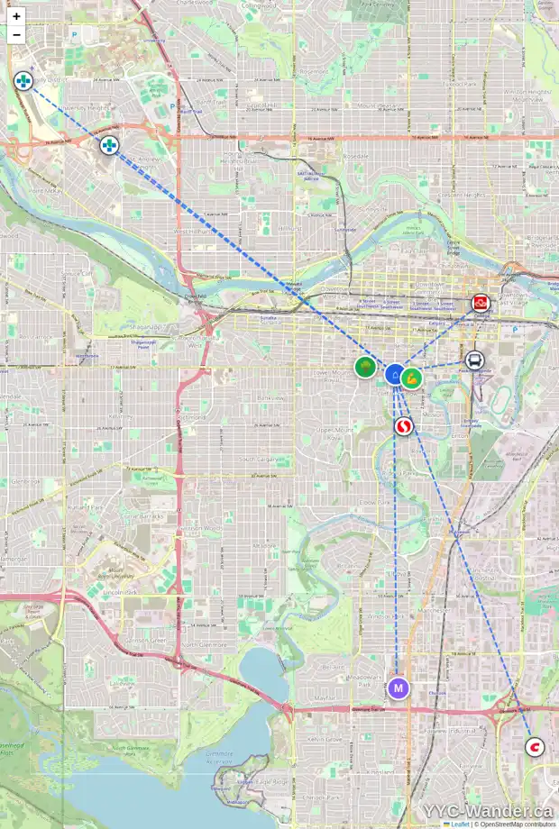 Daily accessibility map for 1717 5 ST SW, Calgary showing nearby schools, grocery stores, parks, LRT stations and nearby amenities