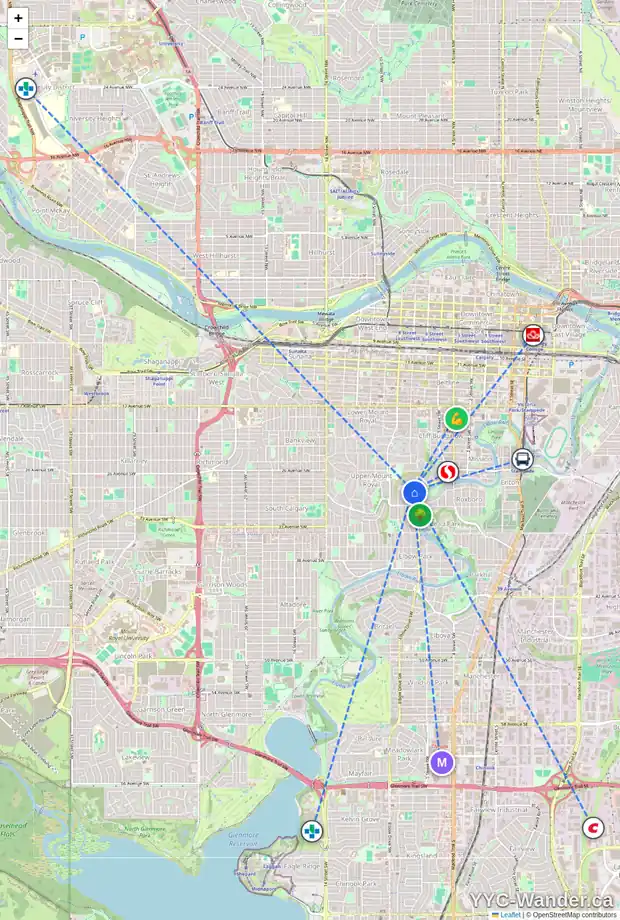 Daily accessibility map for 625 29 AV SW, Calgary showing nearby schools, grocery stores, parks, LRT stations and nearby amenities
