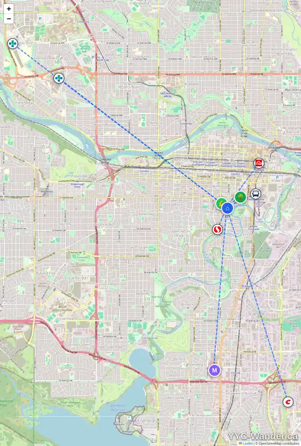 Daily accessibility map for 306 20 AV SW, Calgary showing nearby schools, grocery stores, parks, LRT stations and nearby amenities