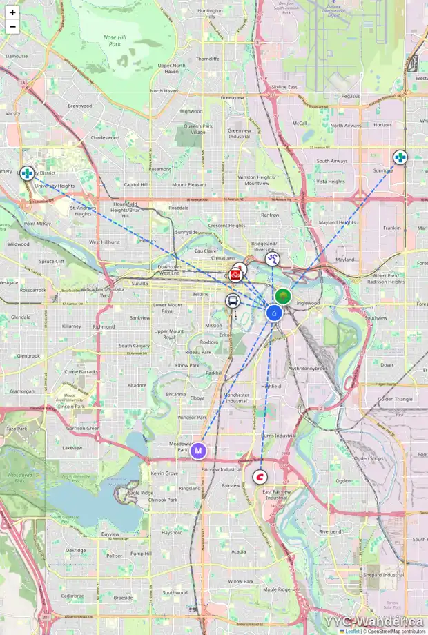 Daily accessibility map for 918 20 AV SE, Calgary showing nearby schools, grocery stores, parks, LRT stations and nearby amenities