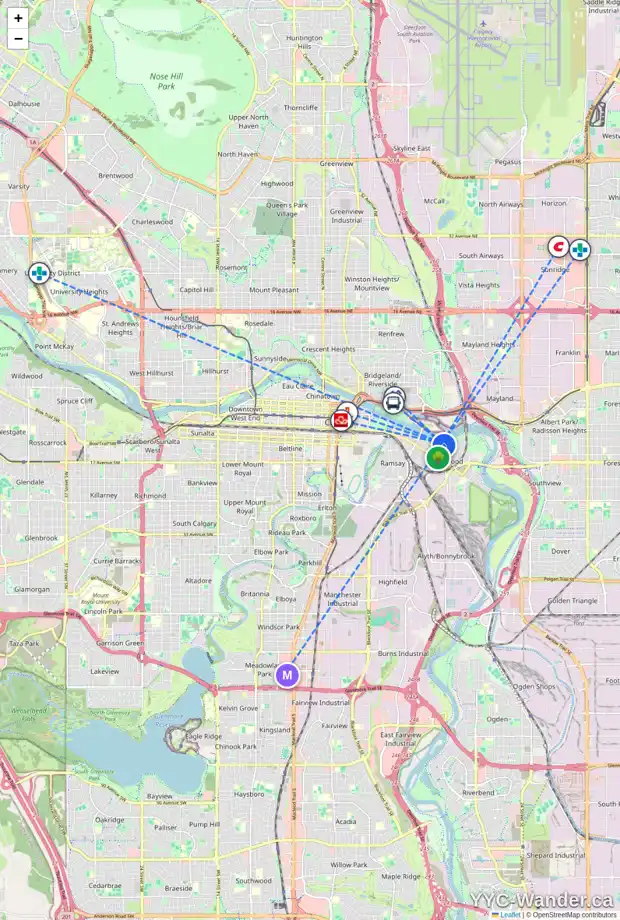 Daily accessibility map for 61 NEW ST SE, Calgary showing nearby schools, grocery stores, parks, LRT stations and nearby amenities