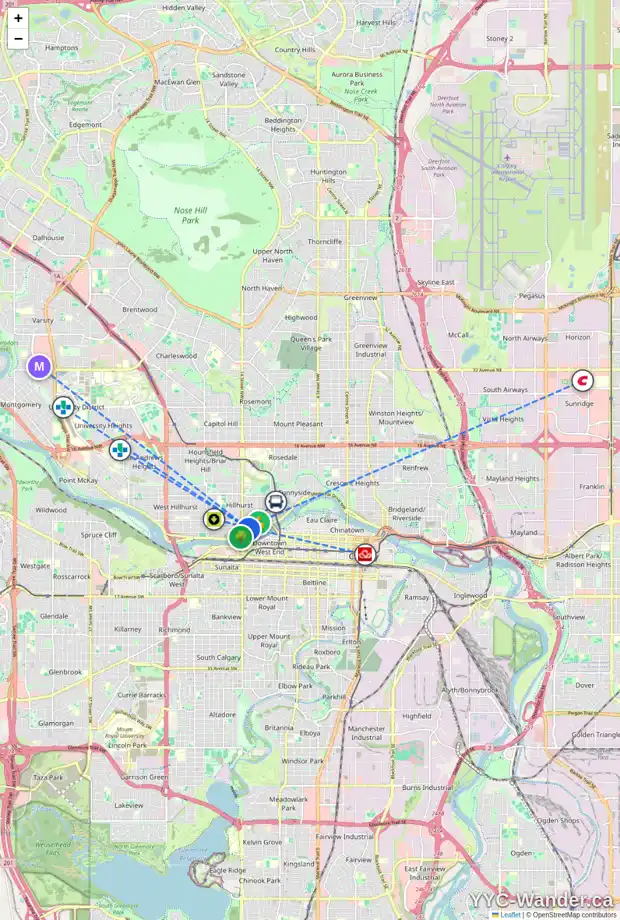 Daily accessibility map for 1335 KENSINGTON CL NW, Calgary showing nearby schools, grocery stores, parks, LRT stations and nearby amenities