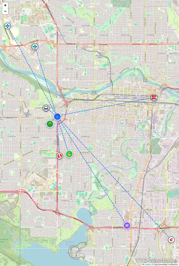 Daily accessibility map for 1731 24 ST SW, Calgary showing nearby schools, grocery stores, parks, LRT stations and nearby amenities