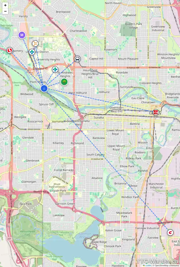 Daily accessibility map for 3712 PARKDALE BV NW, Calgary showing nearby schools, grocery stores, parks, LRT stations and nearby amenities