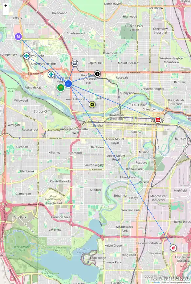 Daily accessibility map for 1303 HAMILTON ST NW, Calgary showing nearby schools, grocery stores, parks, LRT stations and nearby amenities