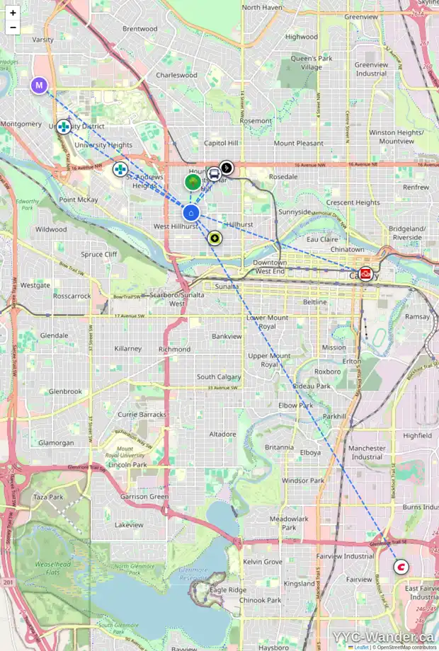 Daily accessibility map for 613 21 ST NW, Calgary showing nearby schools, grocery stores, parks, LRT stations and nearby amenities