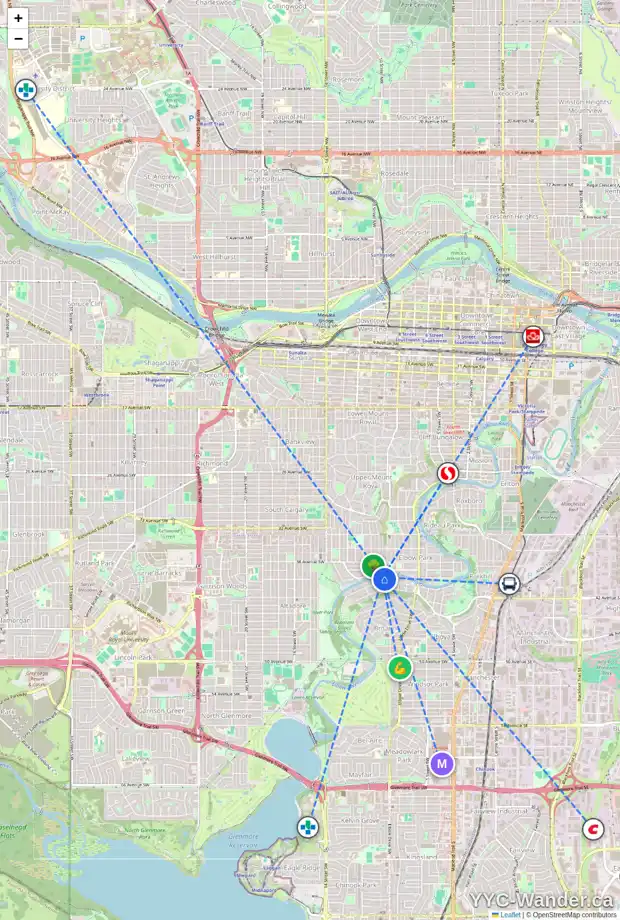 Daily accessibility map for 920 RIVERDALE AV SW, Calgary showing nearby schools, grocery stores, parks, LRT stations and nearby amenities