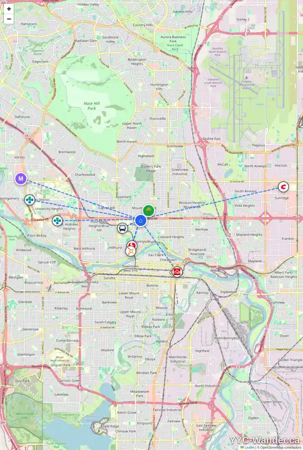 Daily accessibility map for 1631 7A ST NW, Calgary showing nearby schools, grocery stores, parks, LRT stations and nearby amenities