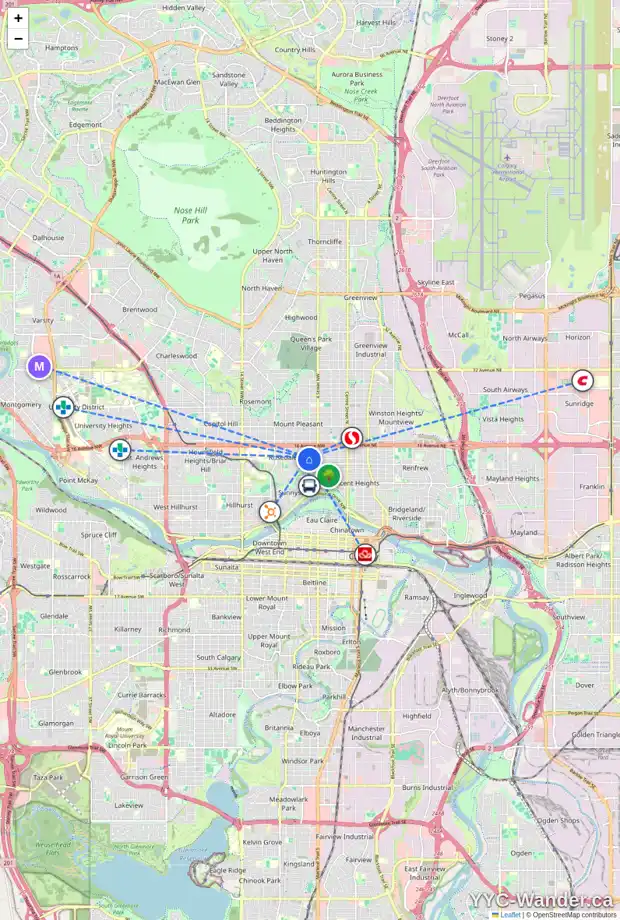 Daily accessibility map for 1421 5 ST NW, Calgary showing nearby schools, grocery stores, parks, LRT stations and nearby amenities