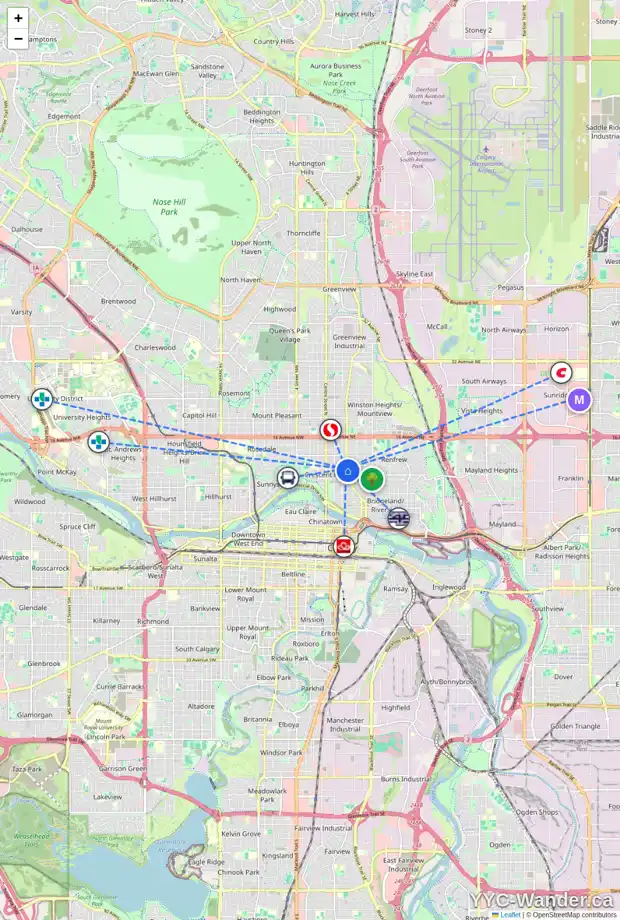 Daily accessibility map for 322 9 AV NE, Calgary showing nearby schools, grocery stores, parks, LRT stations and nearby amenities