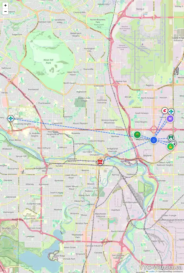Daily accessibility map for 184 MCHUGH RD NE, Calgary showing nearby schools, grocery stores, parks, LRT stations and nearby amenities