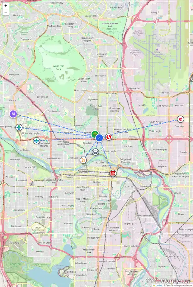 Daily accessibility map for 416 17 AV NW, Calgary showing nearby schools, grocery stores, parks, LRT stations and nearby amenities