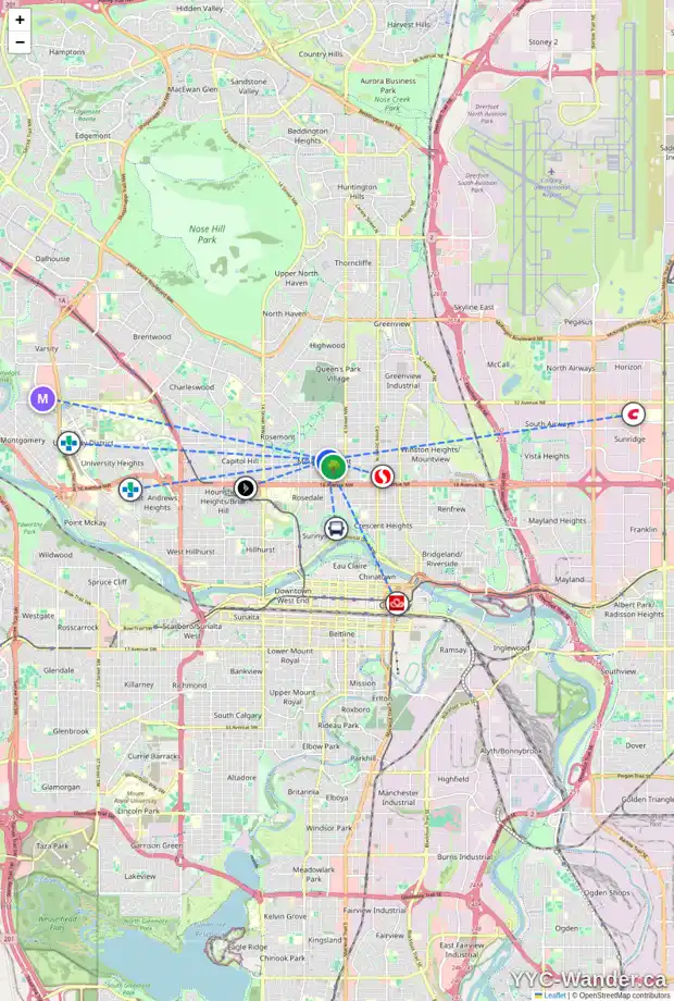 Daily accessibility map for 703 21 AV NW, Calgary showing nearby schools, grocery stores, parks, LRT stations and nearby amenities