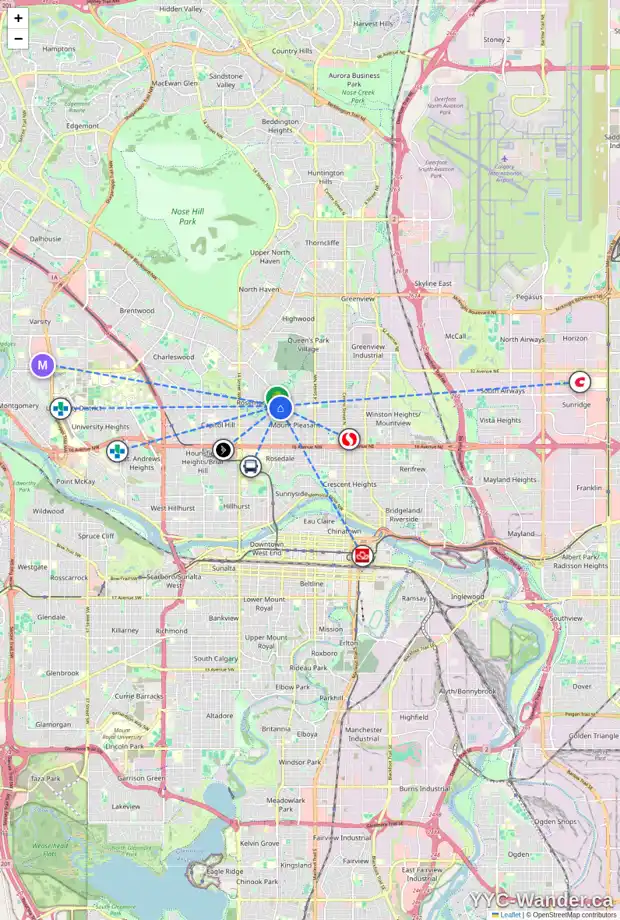 Daily accessibility map for 923 25 AV NW, Calgary showing nearby schools, grocery stores, parks, LRT stations and nearby amenities