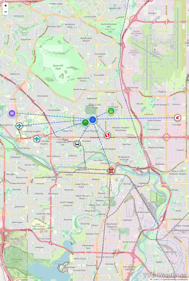 Daily accessibility map for 641 29 AV NW, Calgary showing nearby schools, grocery stores, parks, LRT stations and nearby amenities
