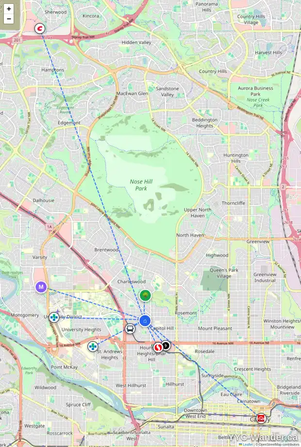 Daily accessibility map for 2120 23 AV NW, Calgary showing nearby schools, grocery stores, parks, LRT stations and nearby amenities