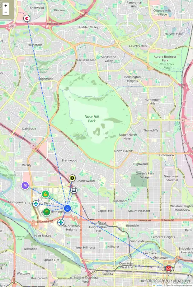 Daily accessibility map for 2907 UNDERHILL DR NW, Calgary showing nearby schools, grocery stores, parks, LRT stations and nearby amenities