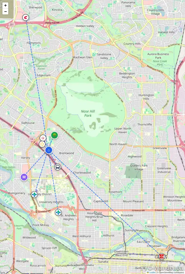 Daily accessibility map for 3604 BOULTON RD NW, Calgary showing nearby schools, grocery stores, parks, LRT stations and nearby amenities