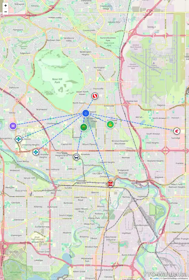 Daily accessibility map for 472 NORTHMOUNT DR NW, Calgary showing nearby schools, grocery stores, parks, LRT stations and nearby amenities