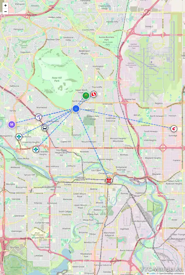 Daily accessibility map for 4623 NORTH HAVEN DR NW, Calgary showing nearby schools, grocery stores, parks, LRT stations and nearby amenities