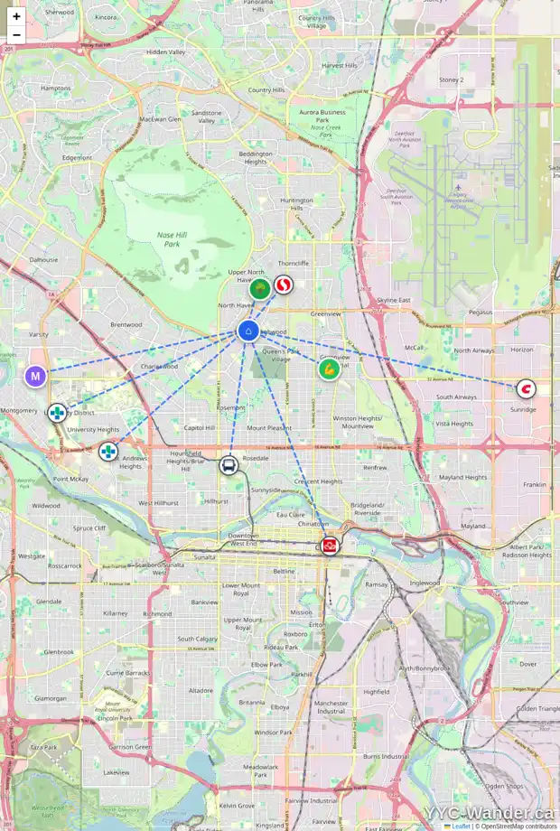 Daily accessibility map for 47 HOLLY ST NW, Calgary showing nearby schools, grocery stores, parks, LRT stations and nearby amenities