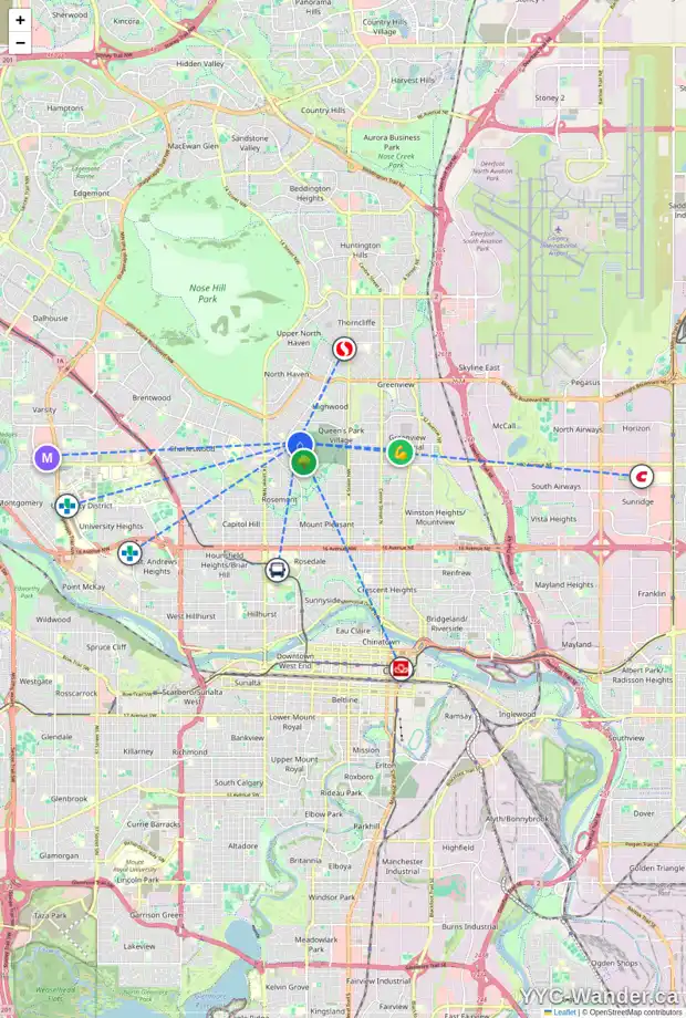 Daily accessibility map for 39 CROYDON RD NW, Calgary showing nearby schools, grocery stores, parks, LRT stations and nearby amenities
