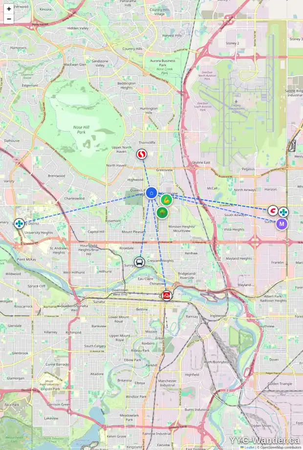 Daily accessibility map for 3823 2 ST NW, Calgary showing nearby schools, grocery stores, parks, LRT stations and nearby amenities