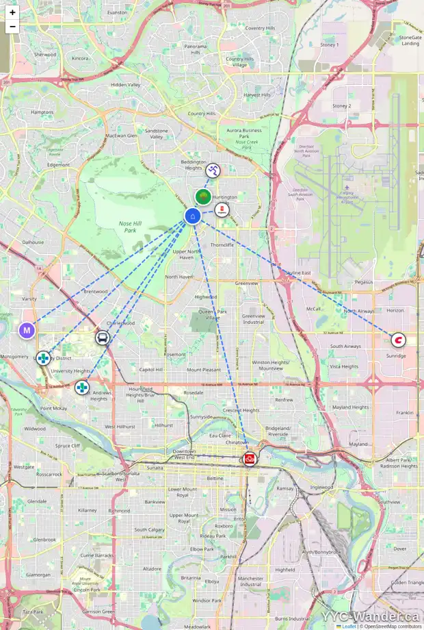 Daily accessibility map for 1039 HUNTERCOVE PL NW, Calgary showing nearby schools, grocery stores, parks, LRT stations and nearby amenities