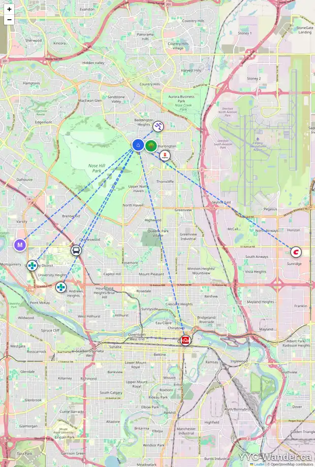 Daily accessibility map for 1223 HUNTERQUAY HL NW, Calgary showing nearby schools, grocery stores, parks, LRT stations and nearby amenities