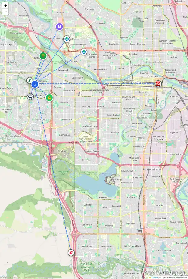 Daily accessibility map for 32 STRATHAVEN CI SW, Calgary showing nearby schools, grocery stores, parks, LRT stations and nearby amenities