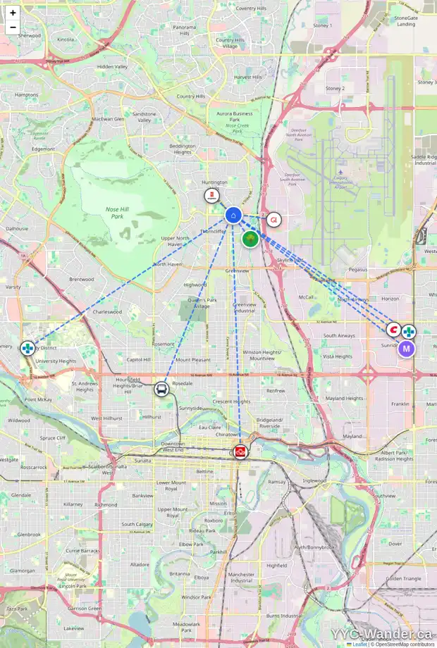 Daily accessibility map for 403 6505 HUNTRIDGE HL NE, Calgary showing nearby schools, grocery stores, parks, LRT stations and nearby amenities