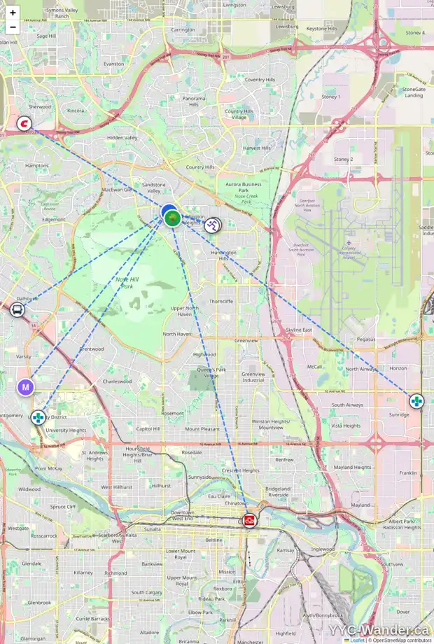 Daily accessibility map for 95 BEARBERRY CL NW, Calgary showing nearby schools, grocery stores, parks, LRT stations and nearby amenities