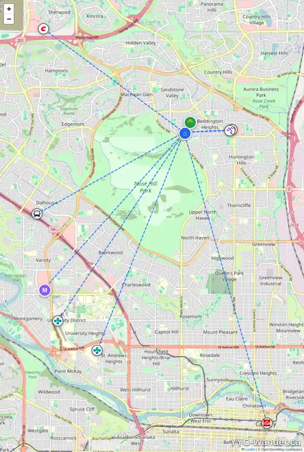 Daily accessibility map for 8136 13 ST NW, Calgary showing nearby schools, grocery stores, parks, LRT stations and nearby amenities