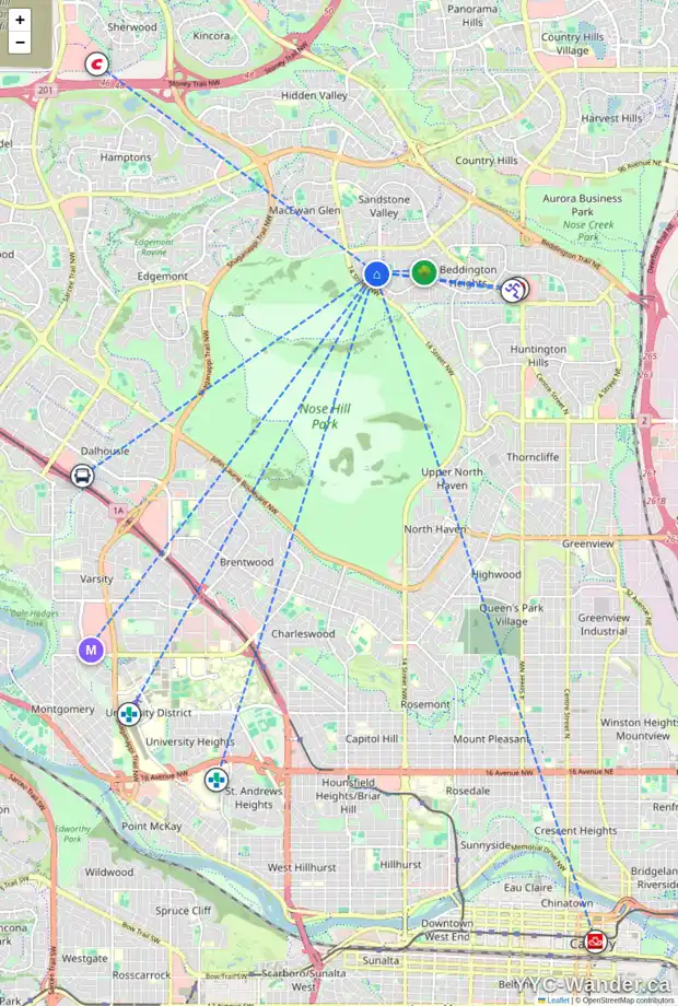 Daily accessibility map for 46 BEACONSFIELD RD NW, Calgary showing nearby schools, grocery stores, parks, LRT stations and nearby amenities