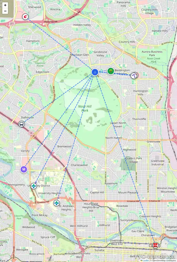 Daily accessibility map for 63 BEACONSFIELD WY NW, Calgary showing nearby schools, grocery stores, parks, LRT stations and nearby amenities