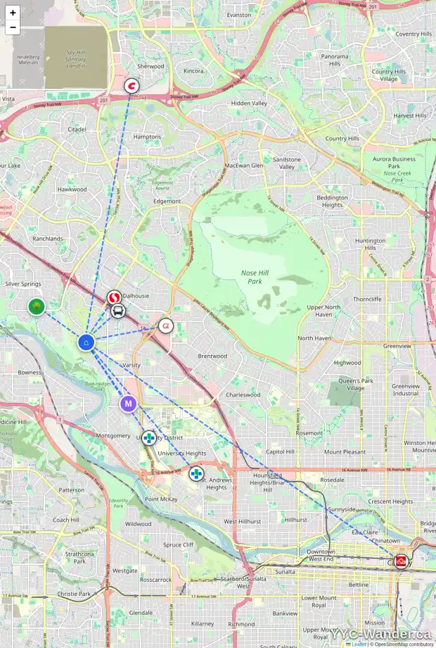 Daily accessibility map for 34 1815 VARSITY ESTATES DR NW, Calgary showing nearby schools, grocery stores, parks, LRT stations and nearby amenities