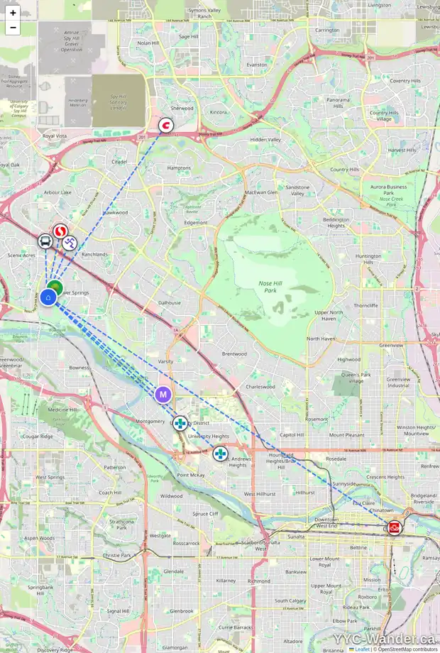 Daily accessibility map for 8411 SILVER SPRINGS RD NW, Calgary showing nearby schools, grocery stores, parks, LRT stations and nearby amenities
