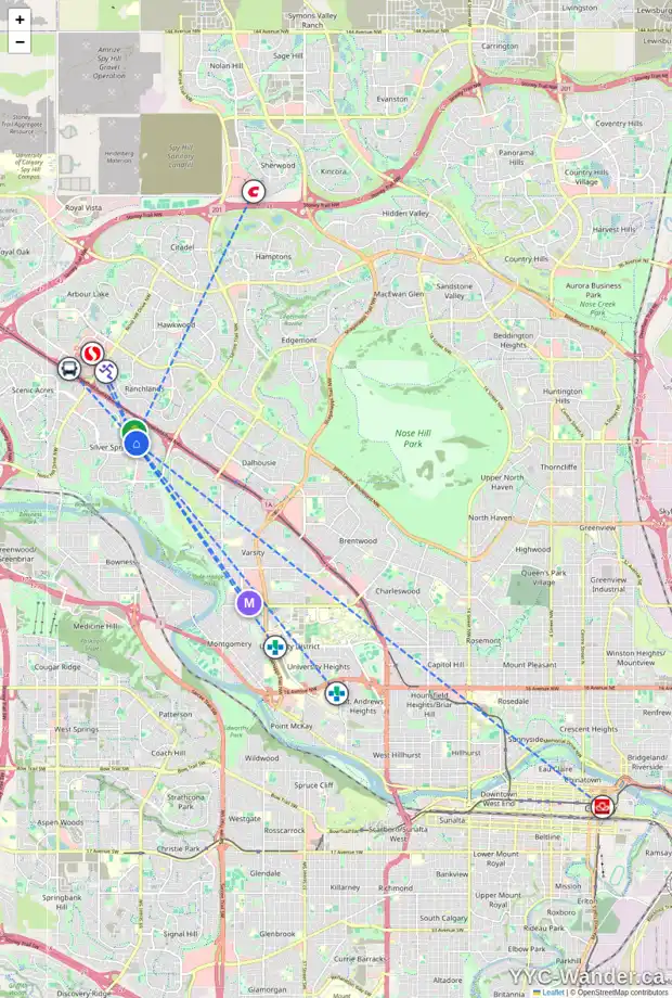 Daily accessibility map for 7224 SILVER SPRINGS RD NW, Calgary showing nearby schools, grocery stores, parks, LRT stations and nearby amenities