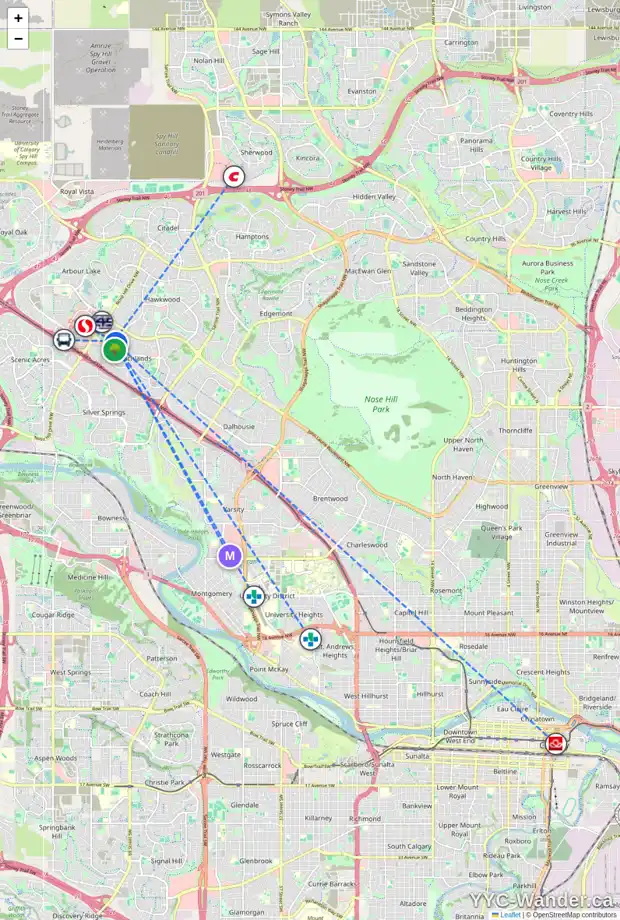 Daily accessibility map for 8 RANGE GR NW, Calgary showing nearby schools, grocery stores, parks, LRT stations and nearby amenities