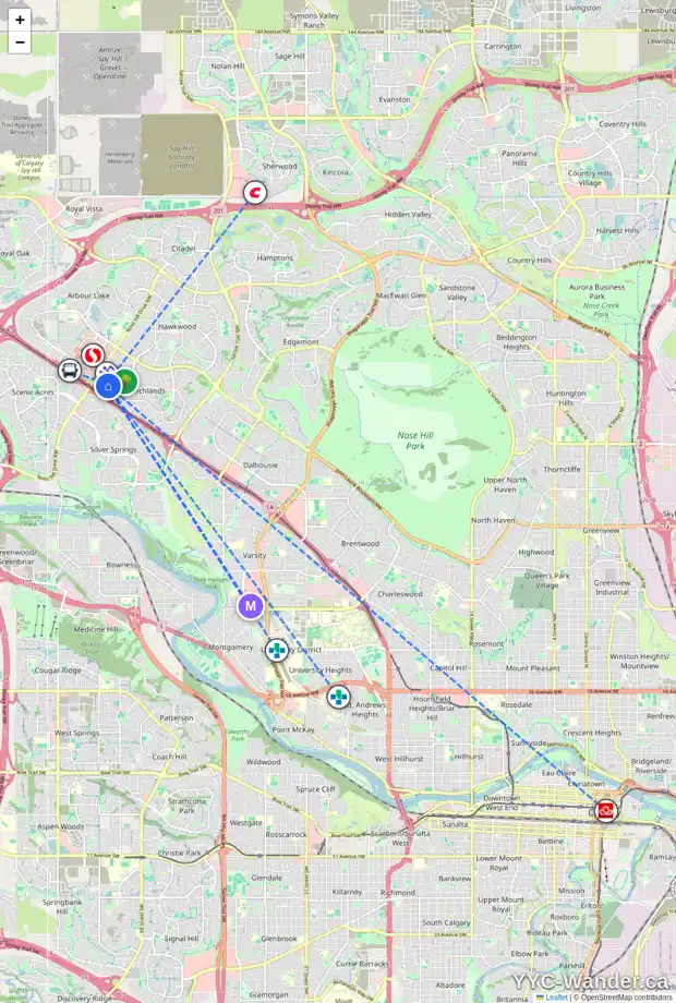 Daily accessibility map for 1504 RANCHLANDS WY NW, Calgary showing nearby schools, grocery stores, parks, LRT stations and nearby amenities