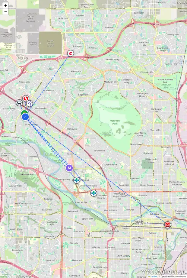 Daily accessibility map for 107 SILVERGROVE RD NW, Calgary showing nearby schools, grocery stores, parks, LRT stations and nearby amenities