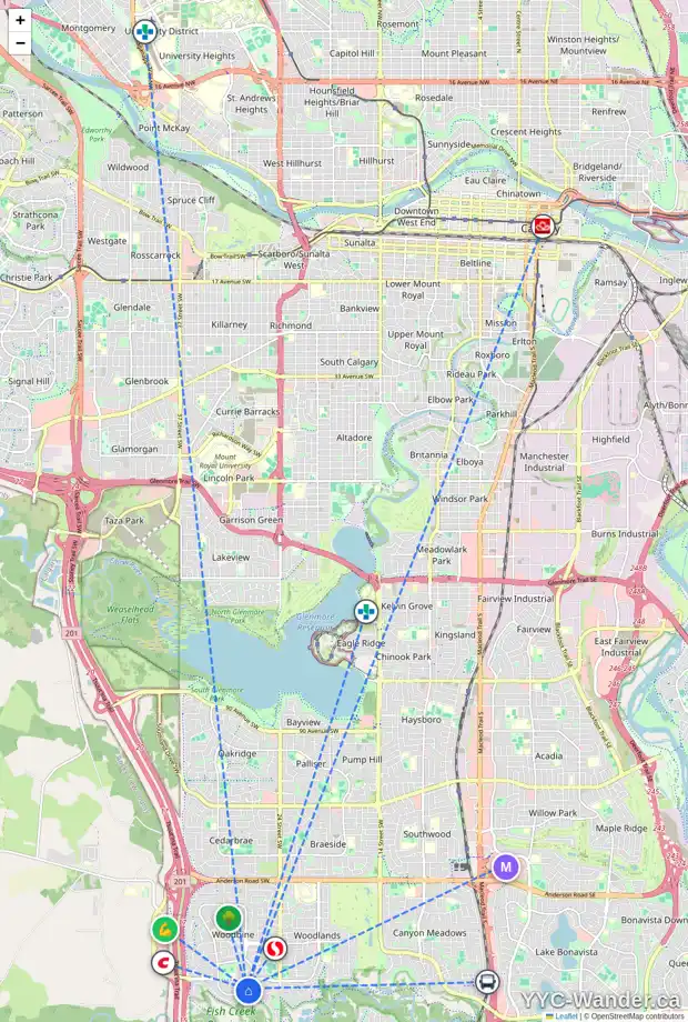 Daily accessibility map for 107 WOODHAVEN RD SW, Calgary showing nearby schools, grocery stores, parks, LRT stations and nearby amenities