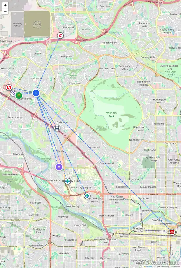 Daily accessibility map for 100 RANCH ESTATES RD NW, Calgary showing nearby schools, grocery stores, parks, LRT stations and nearby amenities