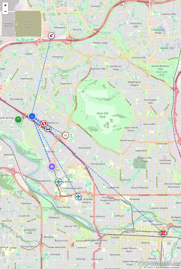 Daily accessibility map for 6015 DALCASTLE DR NW, Calgary showing nearby schools, grocery stores, parks, LRT stations and nearby amenities