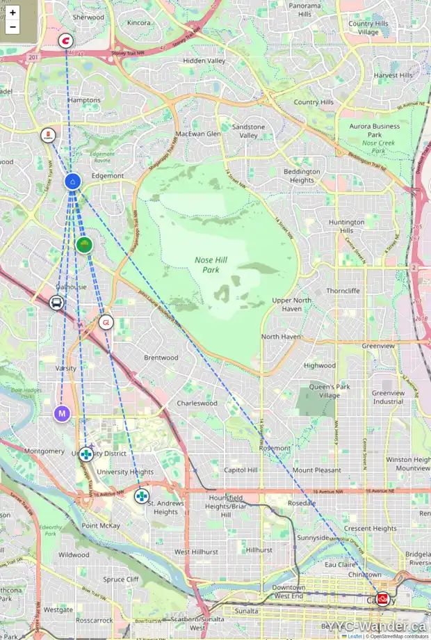 Daily accessibility map for 55 EDGEBYNE CR NW, Calgary showing nearby schools, grocery stores, parks, LRT stations and nearby amenities